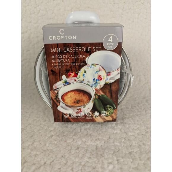 Crofton Mini Porcelain Enamel Casserole FLORAL WHITE 1 Quart 4pc Set NOS - Picture 1 of 5